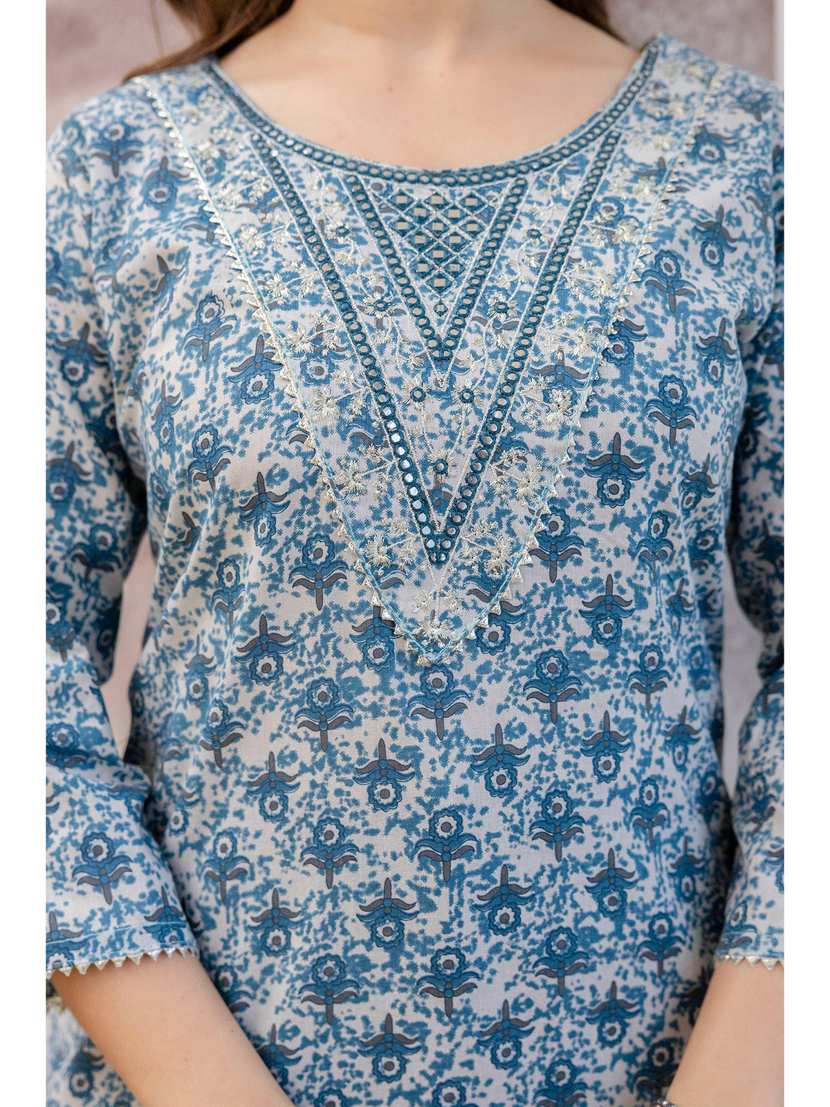 Blue Cotton Floral Printed Mirror Work Kurta | KDG - view 2