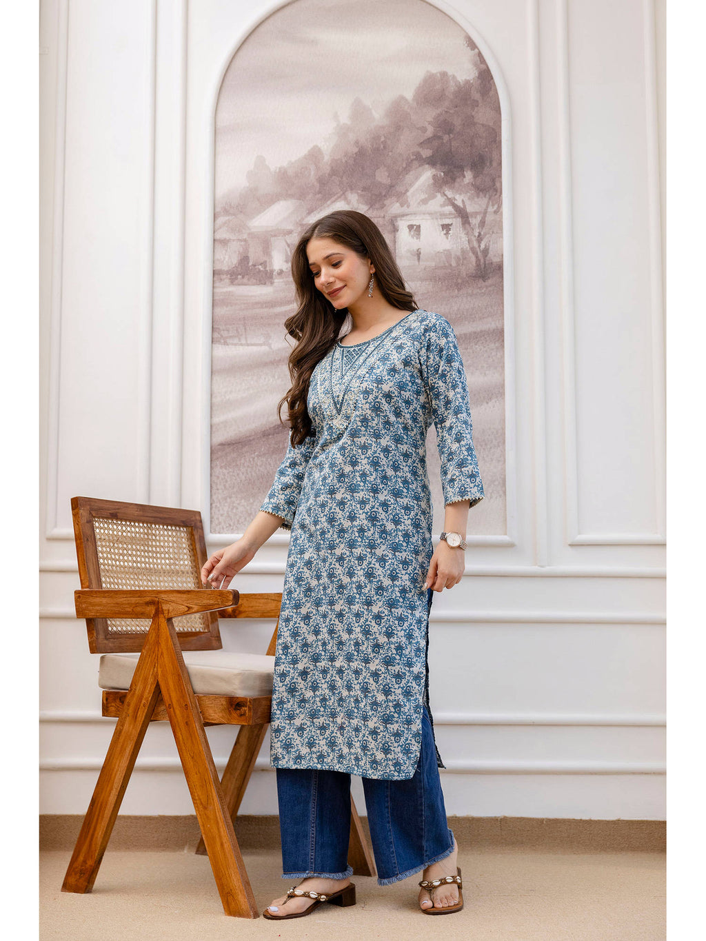 Blue Cotton Floral Printed Mirror Work Kurta | KDG - view 3