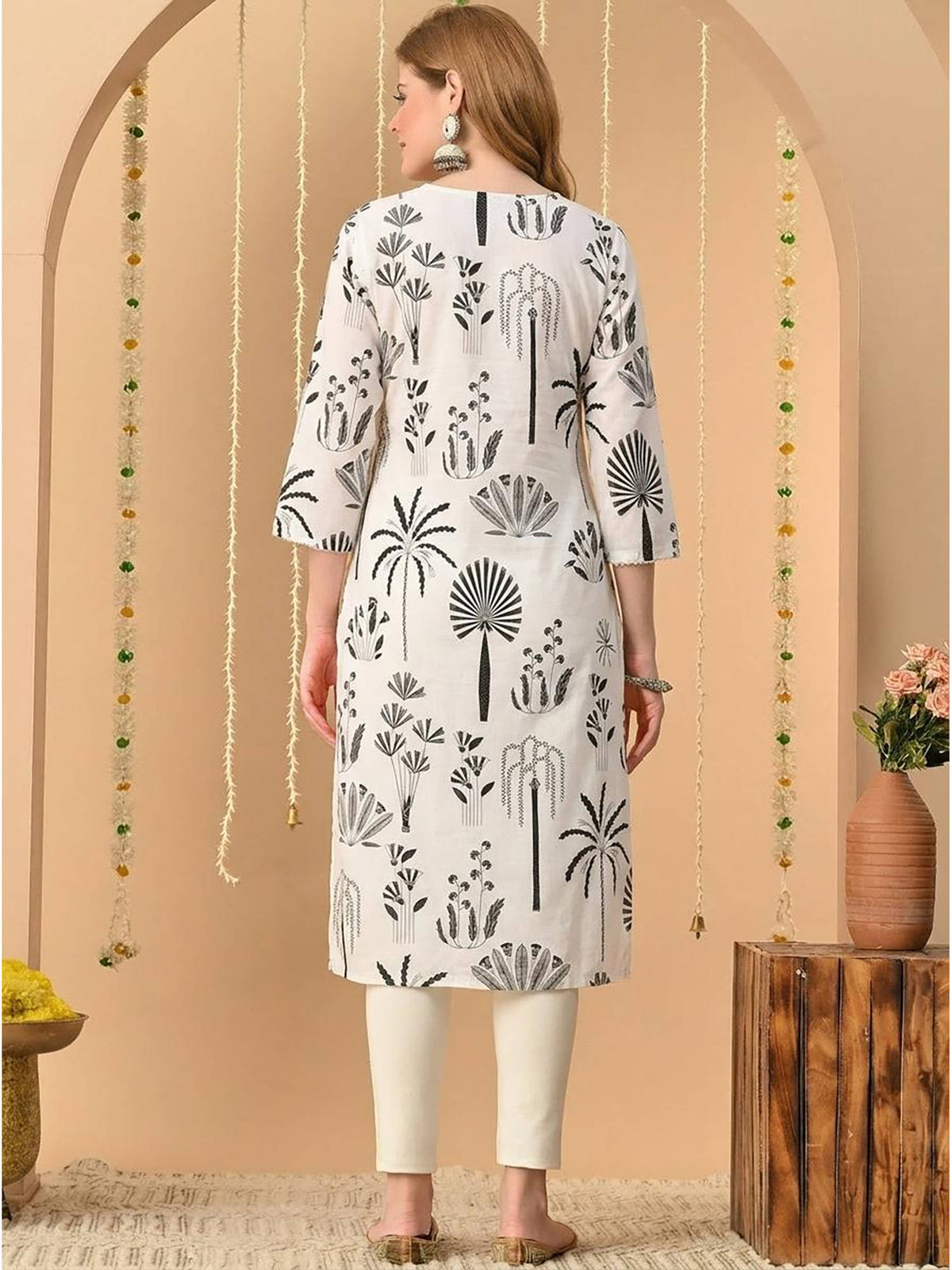 Off White-Black Cotton Floral Printed Embroidered Kurta | KDG - view 2