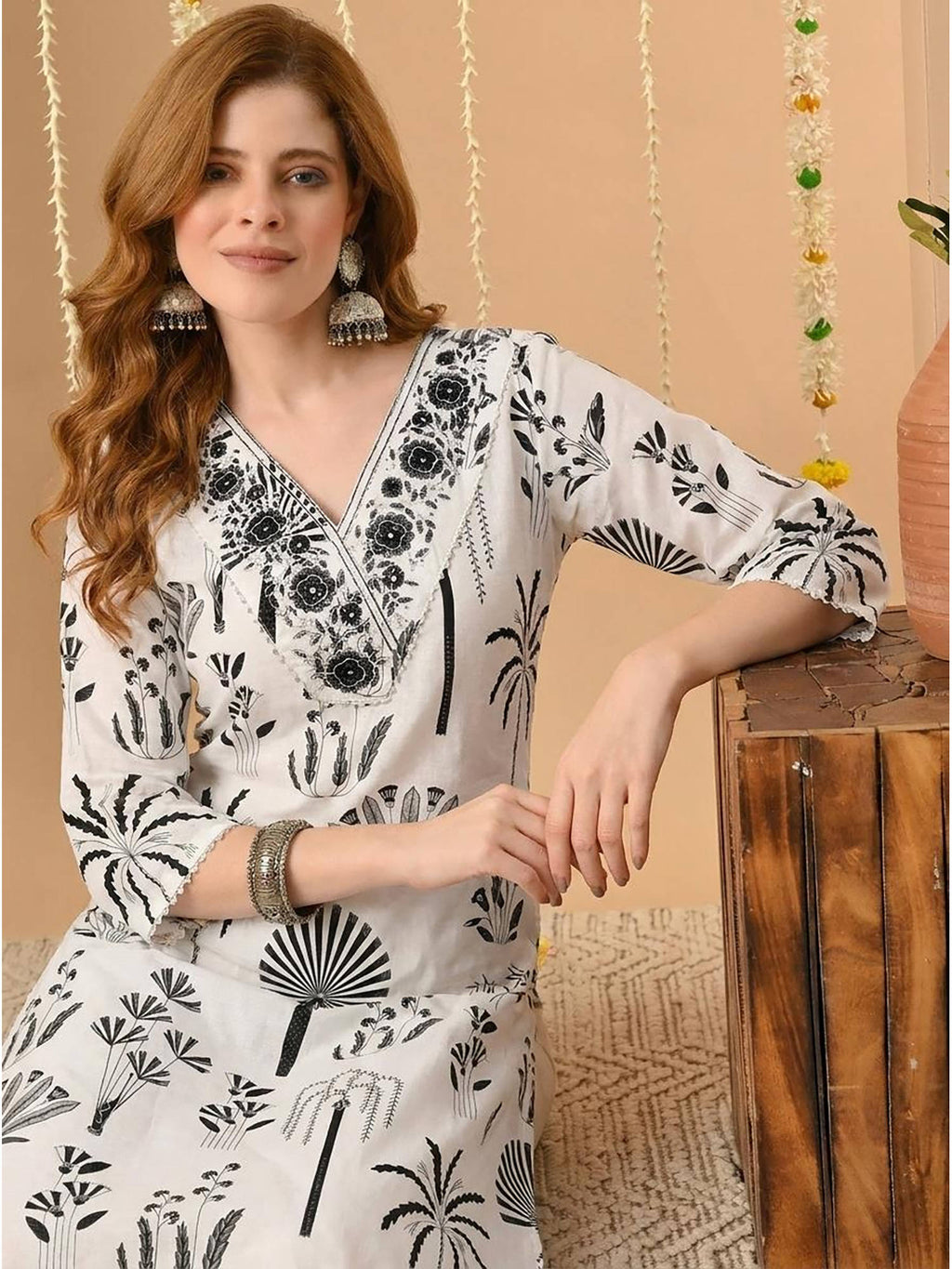 Off White-Black Cotton Floral Printed Embroidered Kurta | FY93 - view 3