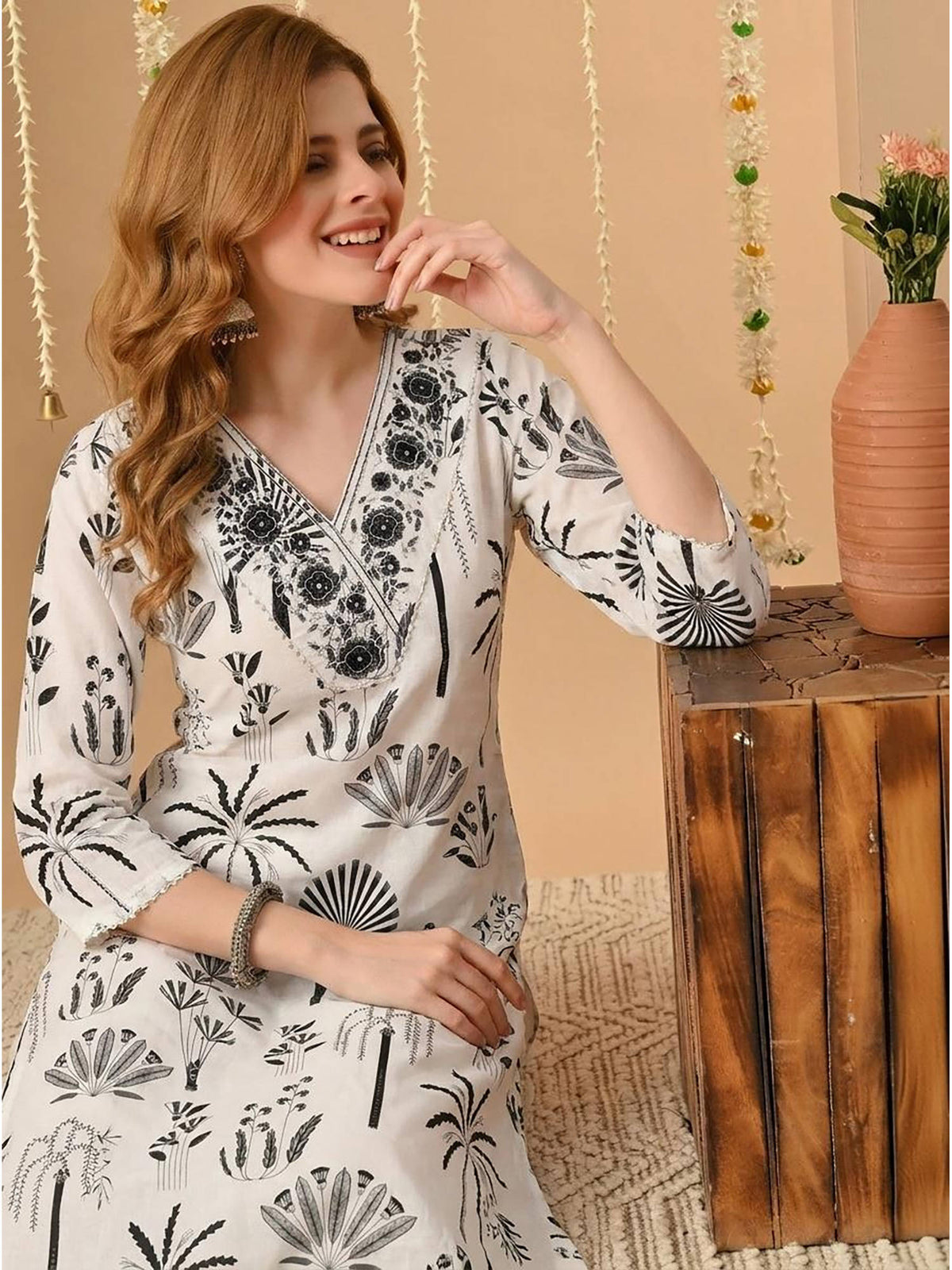 Off White-Black Cotton Floral Printed Embroidered Kurta | KDG - view 4