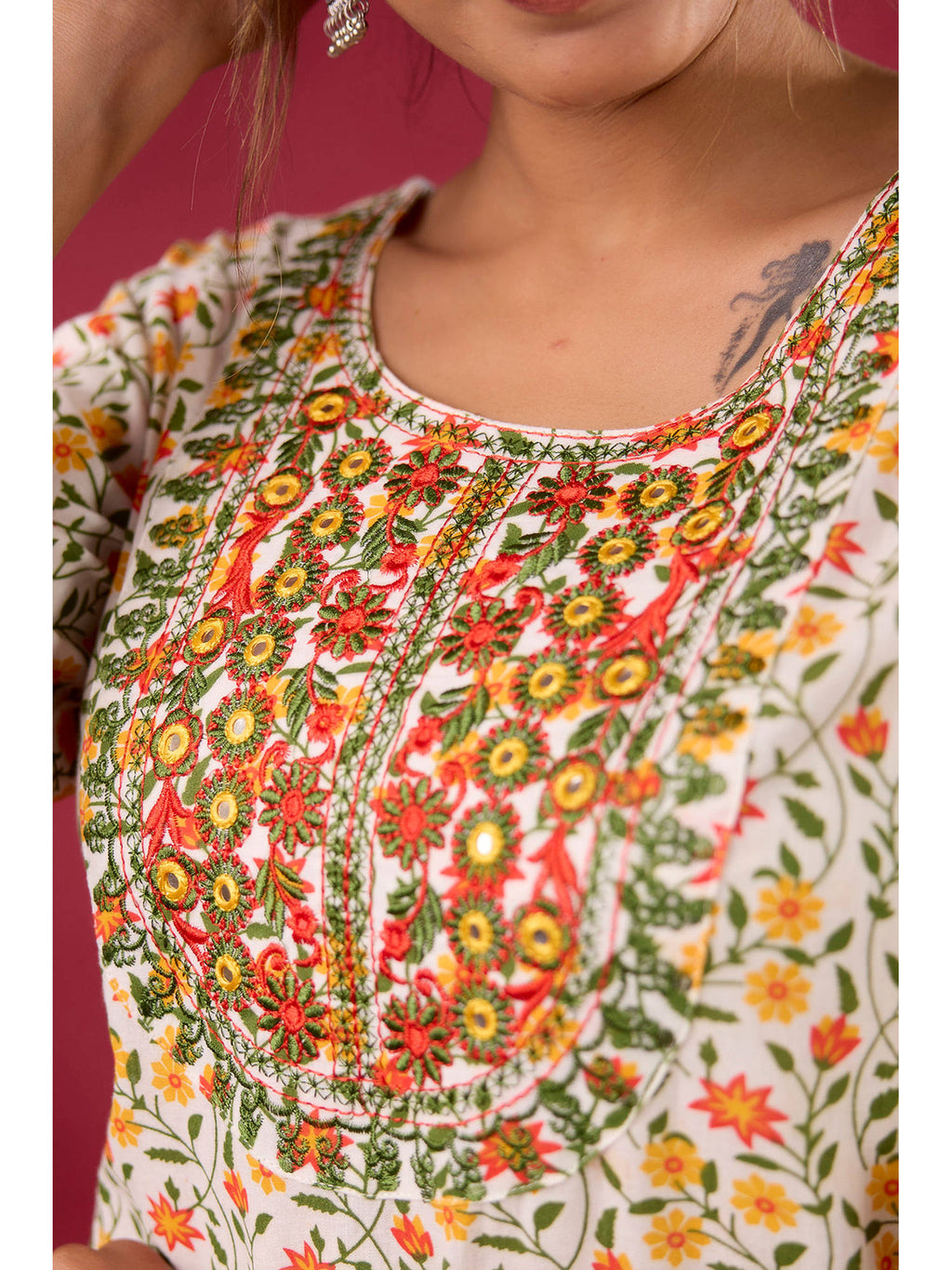 Multi-Color Cotton Printed Embroidered Kurta | U3S - view 3