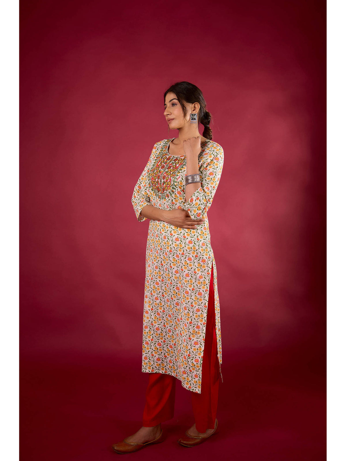 Multi-Color Cotton Printed Embroidered Kurta | U3S - view 4