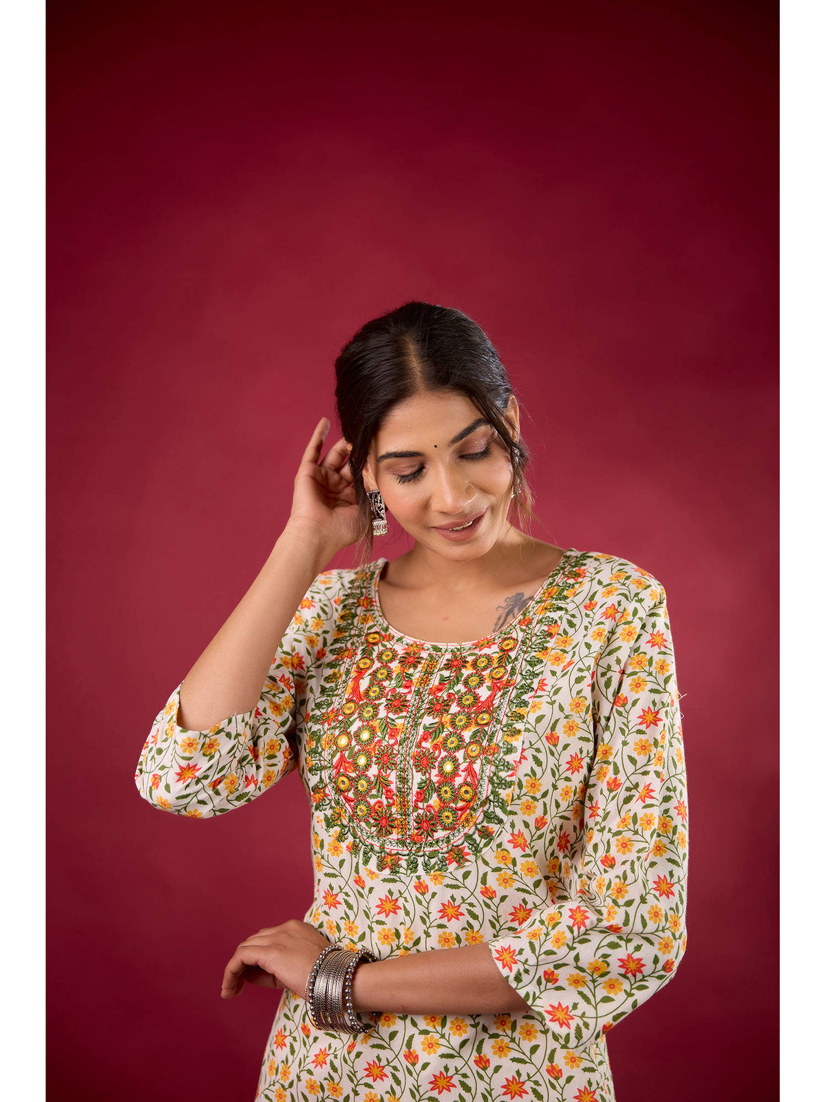 Multi-Color Cotton Printed Embroidered Kurta | U3S - view 5