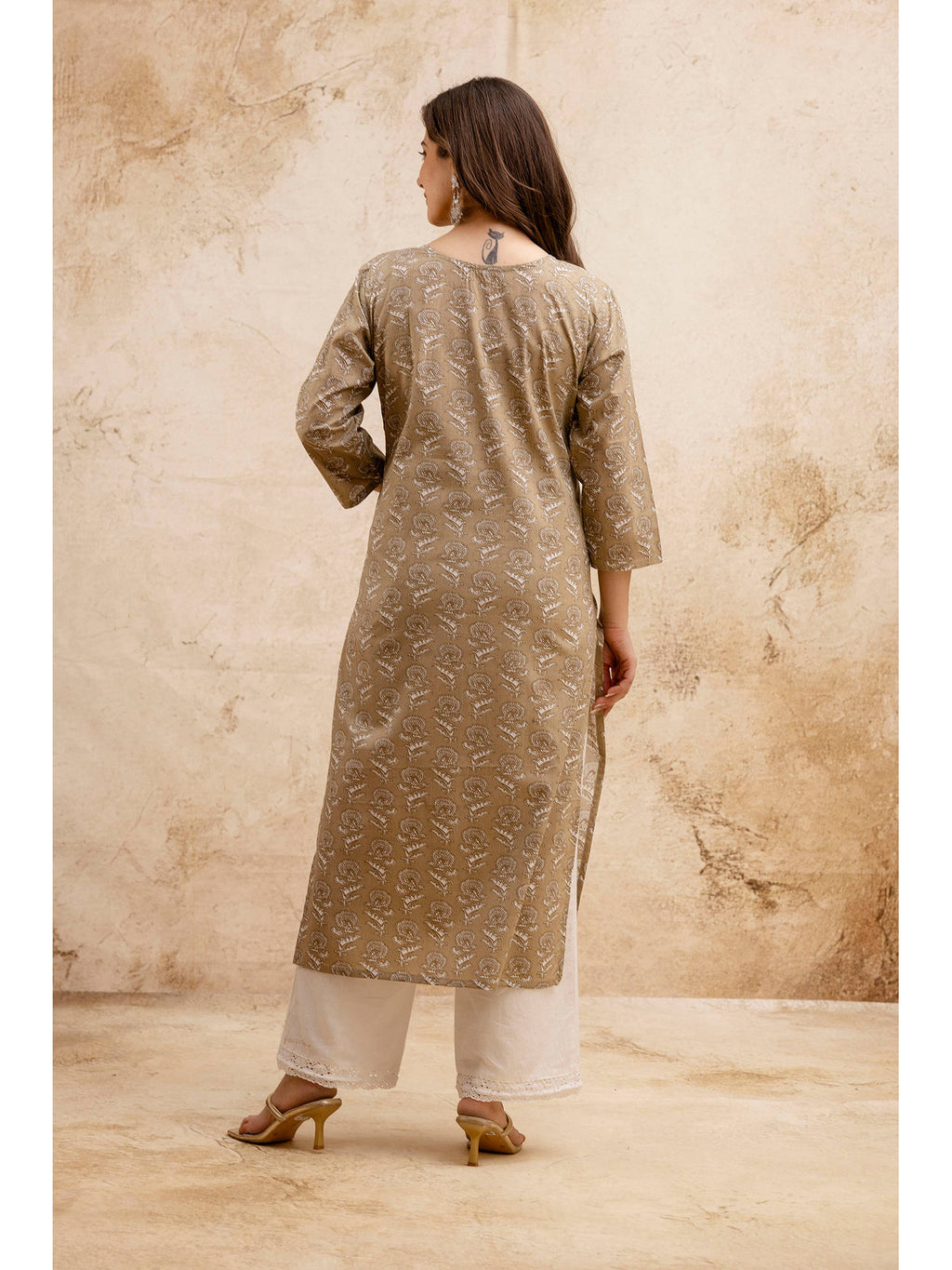 Beige Cotton Floral Printed Embroidered Kurta | FY93 - view 2