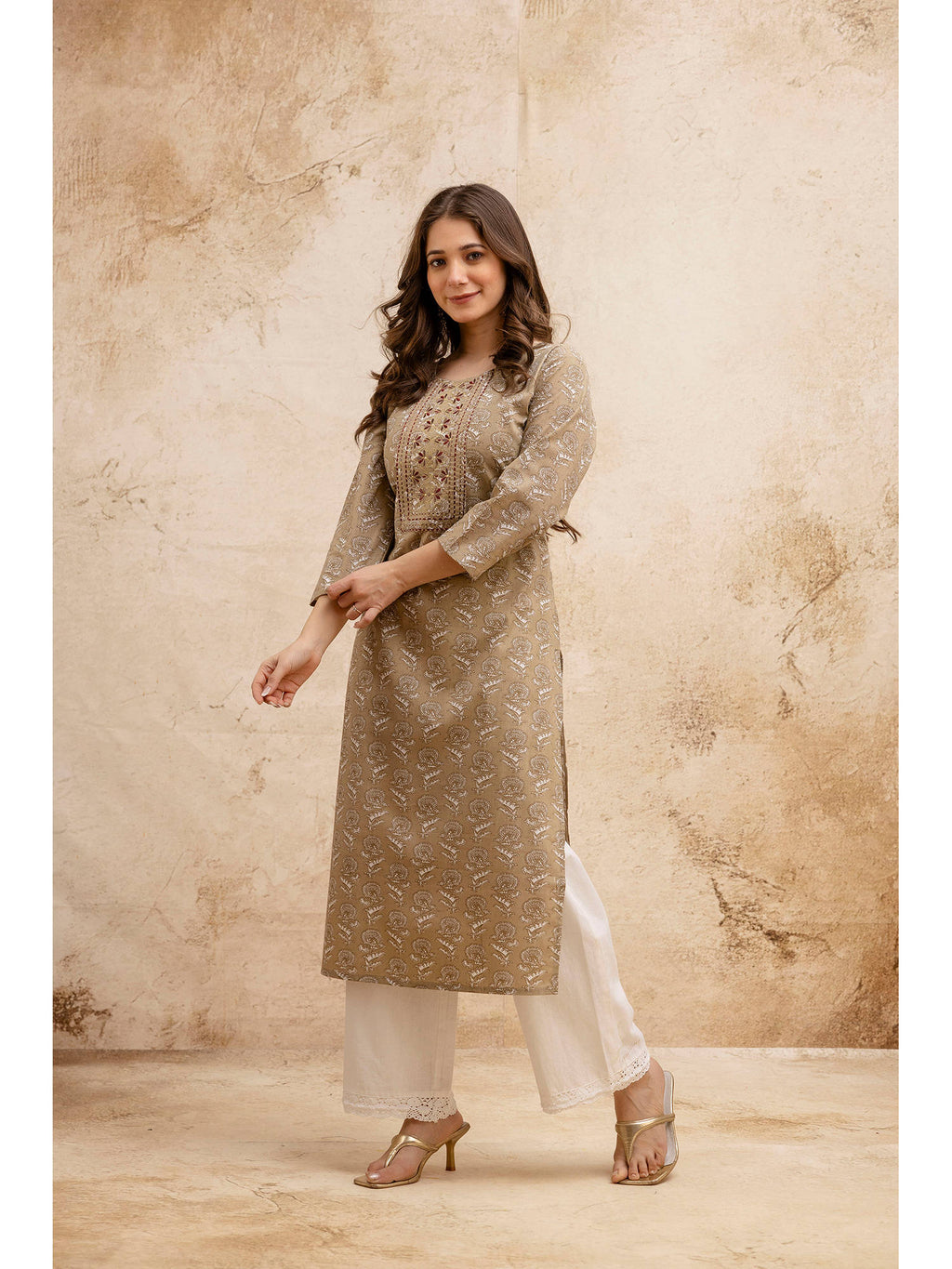 Beige Cotton Floral Printed Embroidered Kurta | FY93 - view 3