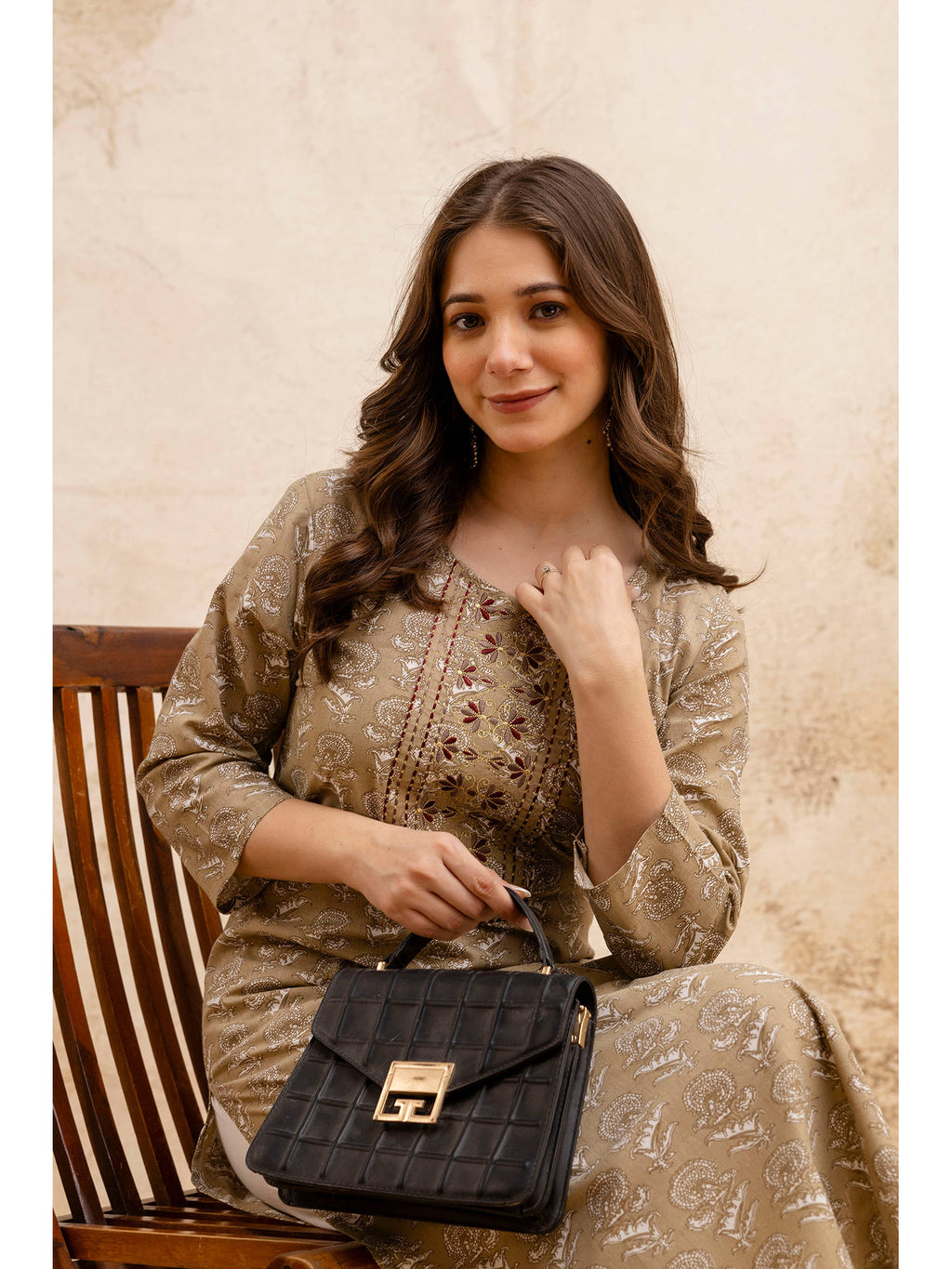 Beige Cotton Floral Printed Embroidered Kurta | KDG - view 5