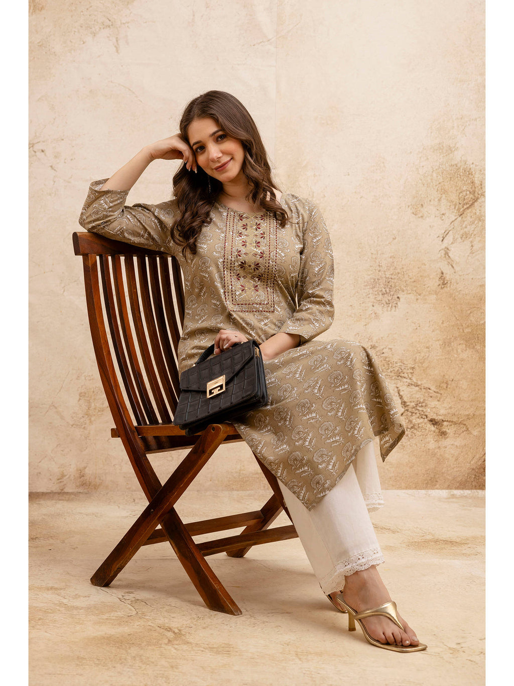 Beige Cotton Floral Printed Embroidered Kurta | KDG - view 6