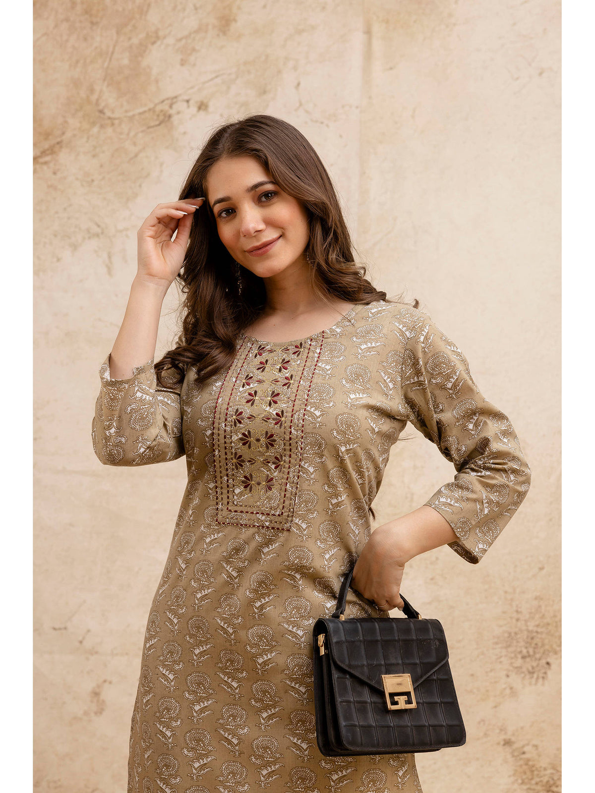 Beige Cotton Floral Printed Embroidered Kurta | KDG - view 7