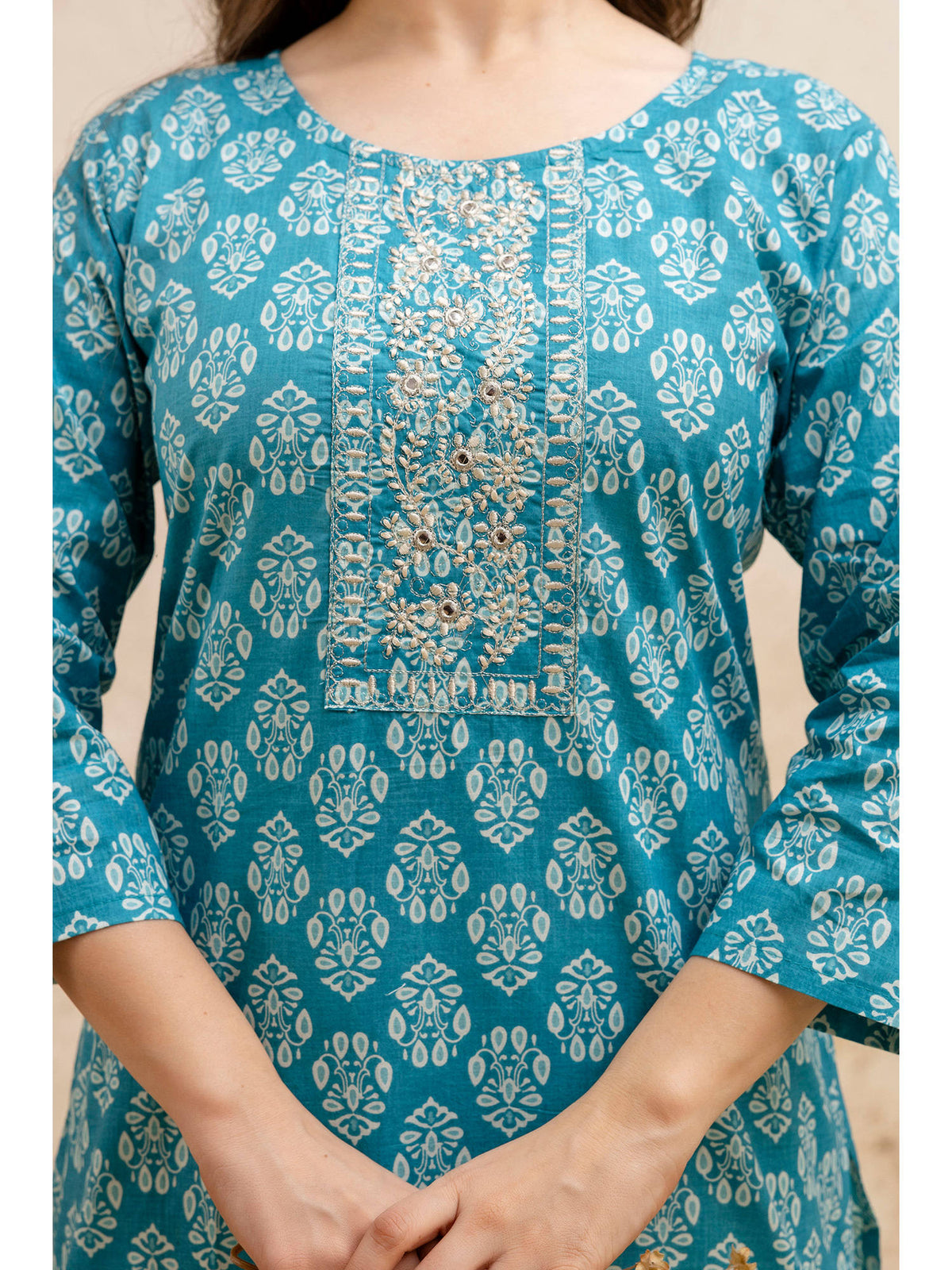 Olive Cotton Floral Printed Embroidered Kurta | FY93 - view 17