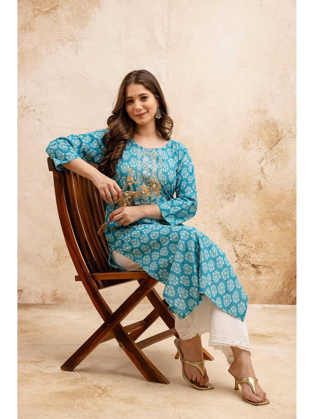 Blue Cotton Floral Printed Embroidered Kurta | KDG - view 4