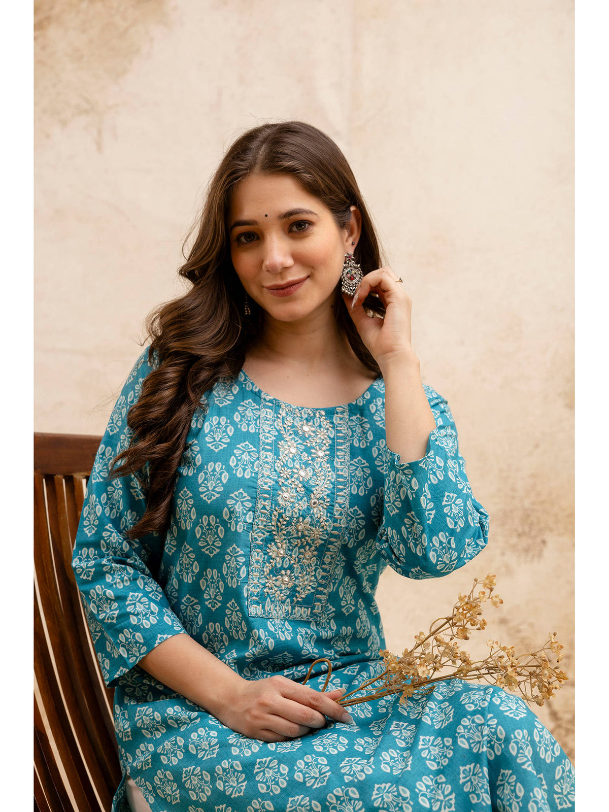 Blue Cotton Floral Printed Embroidered Kurta | KDG - view 5