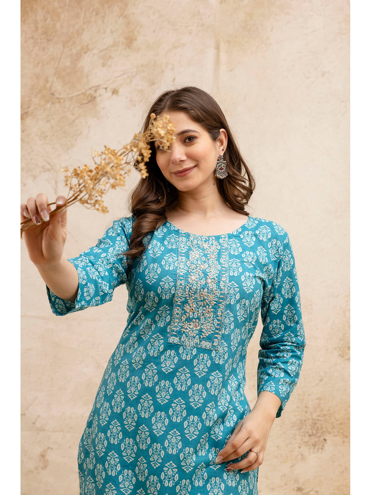 Blue Cotton Floral Printed Embroidered Kurta | FY93 - view 7