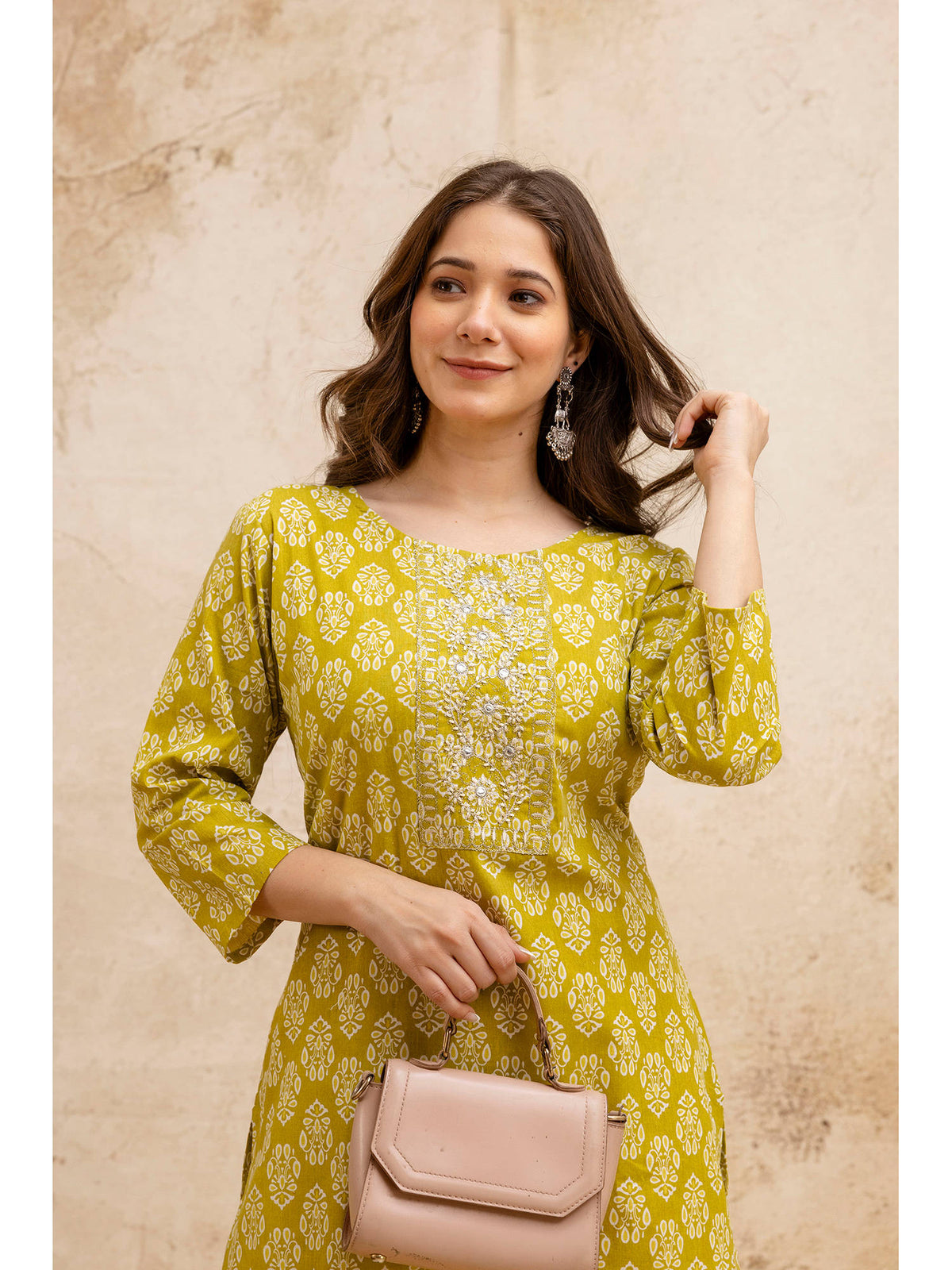 Olive Cotton Floral Printed Embroidered Kurta | FY93 - view 5