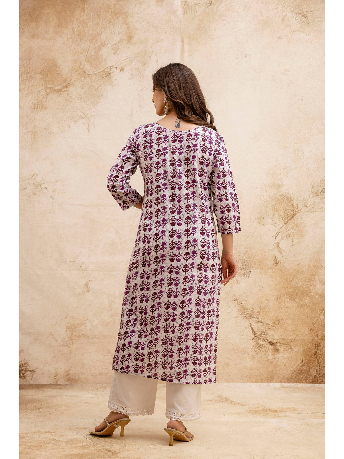 Purple Cotton Printed Embroidered Kurta | U3S - view 2