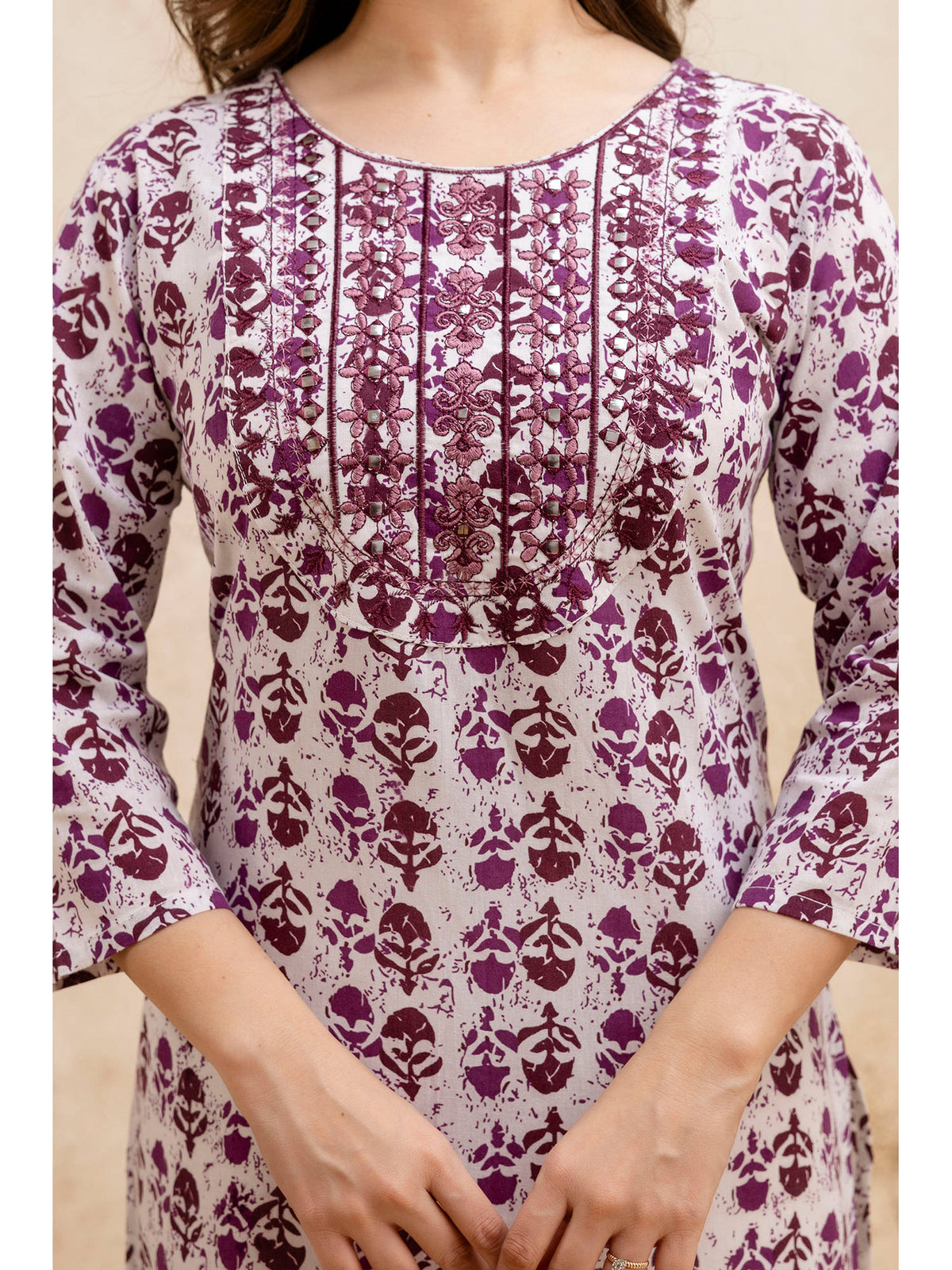 Purple Cotton Printed Embroidered Kurta | U3S - view 3