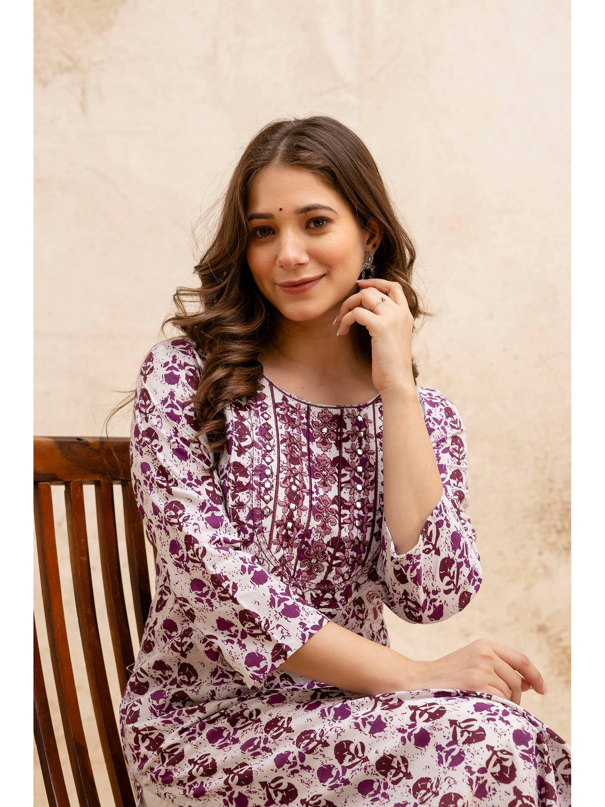 Purple Cotton Printed Embroidered Kurta | U3S - view 4