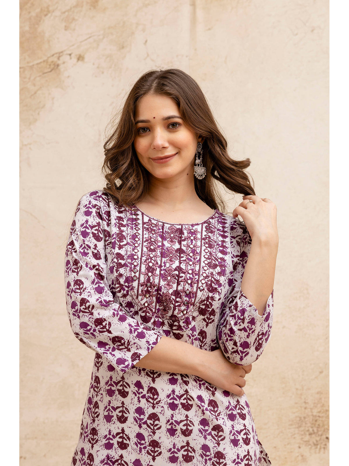 Purple Cotton Printed Embroidered Kurta | U3S - view 5