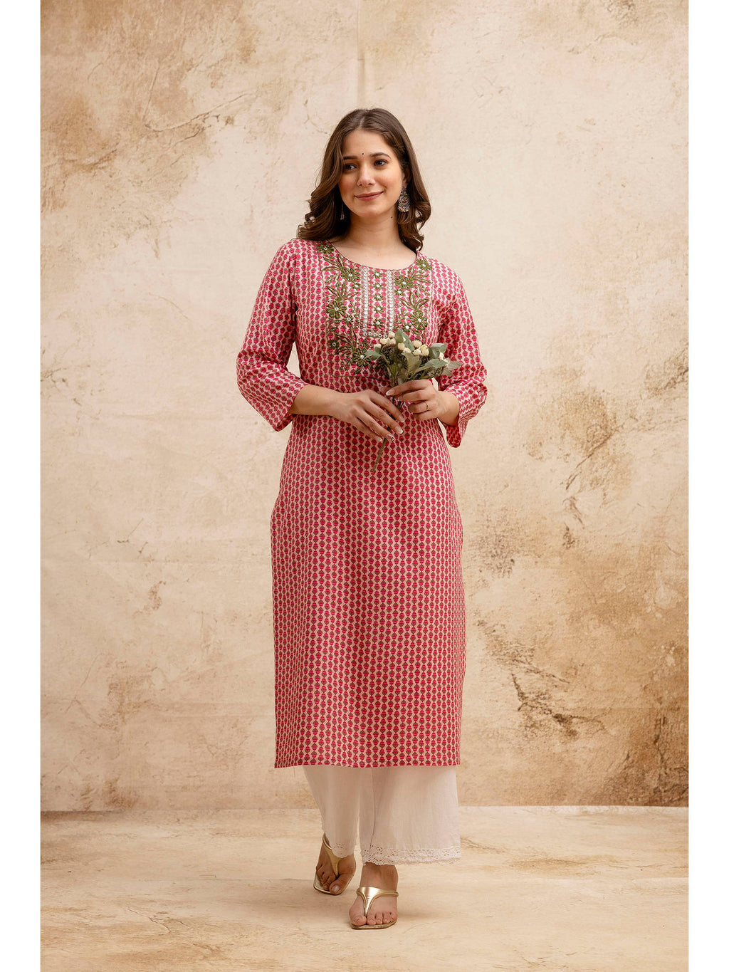 Pink Cotton Printed Embroidered Kurta | KDG - view 1