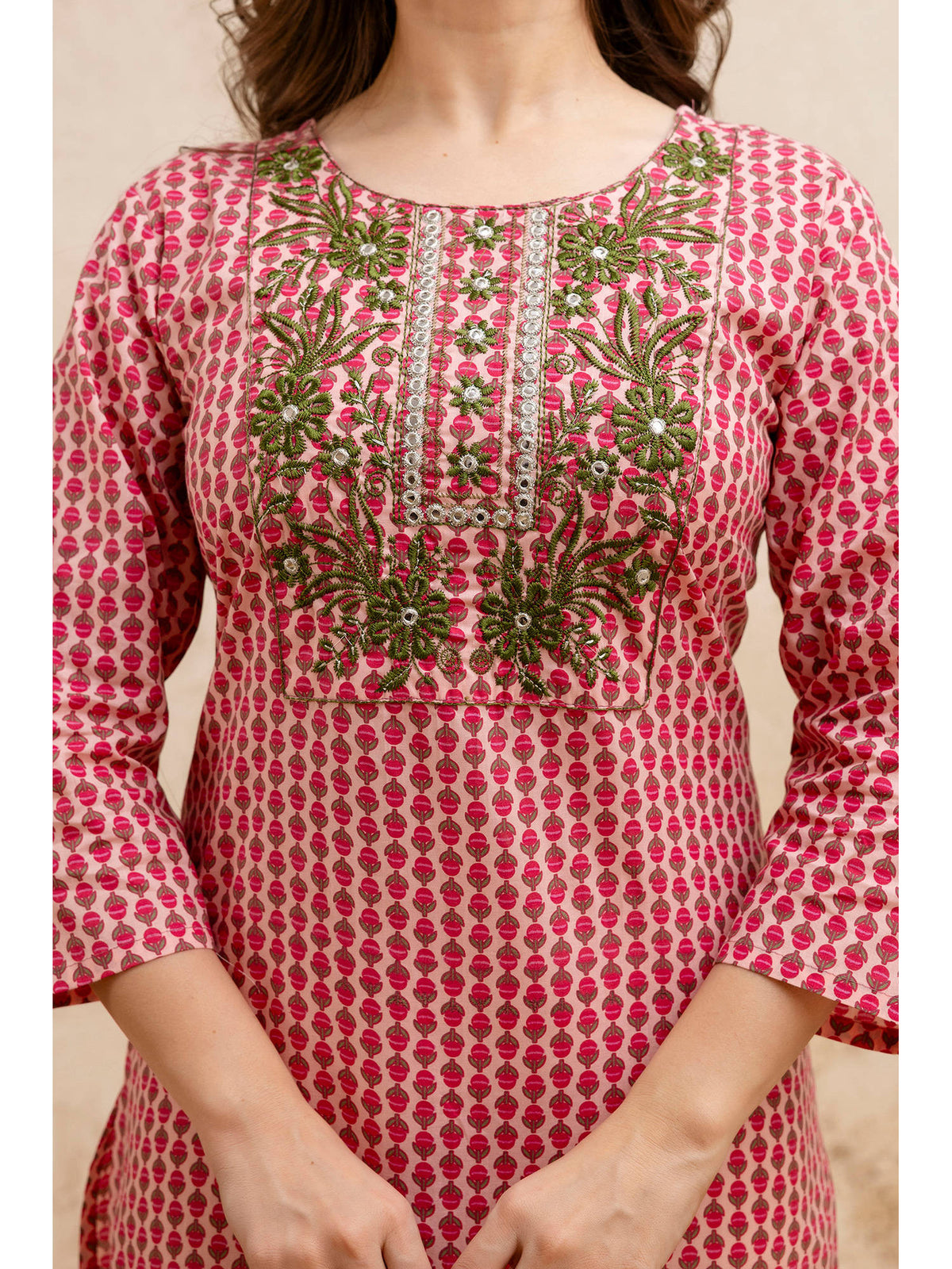Pink Cotton Printed Embroidered Kurta | KDG - view 3
