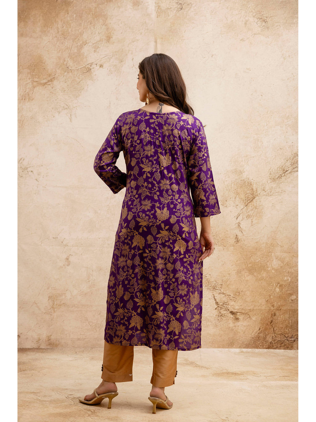 Purple Cotton Printed Mirror Work Kurta | FY93 - view 2