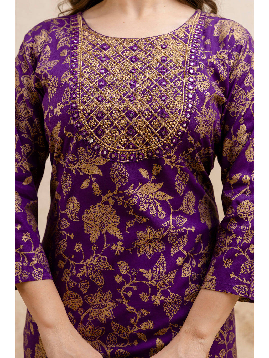 Purple Cotton Printed Mirror Work Kurta | KDG - view 3