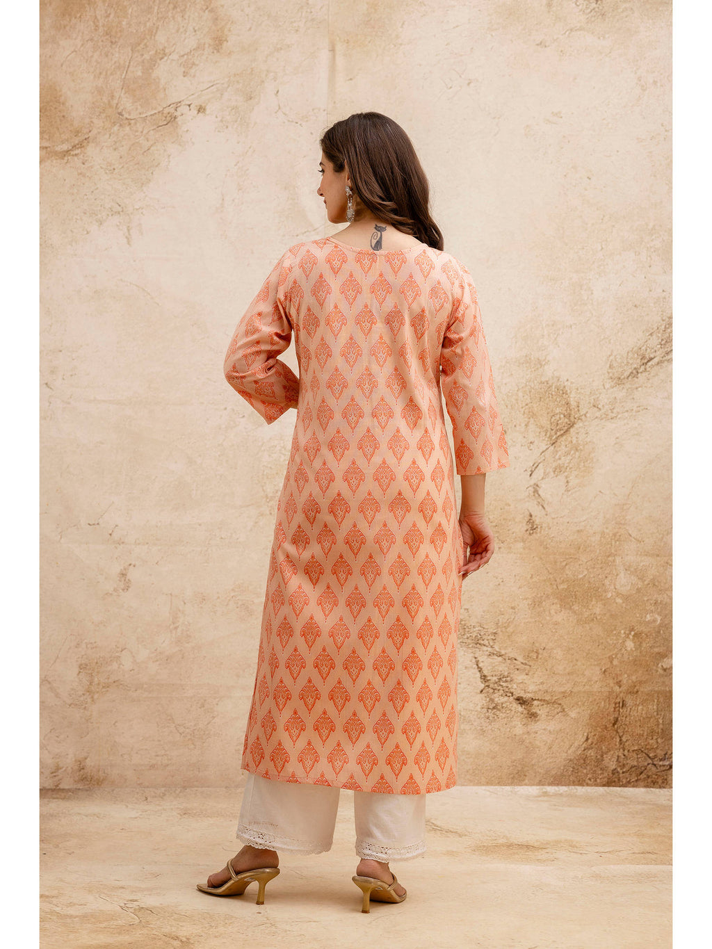 Peach Cotton Printed Embroidered Kurta | FY93 - view 2