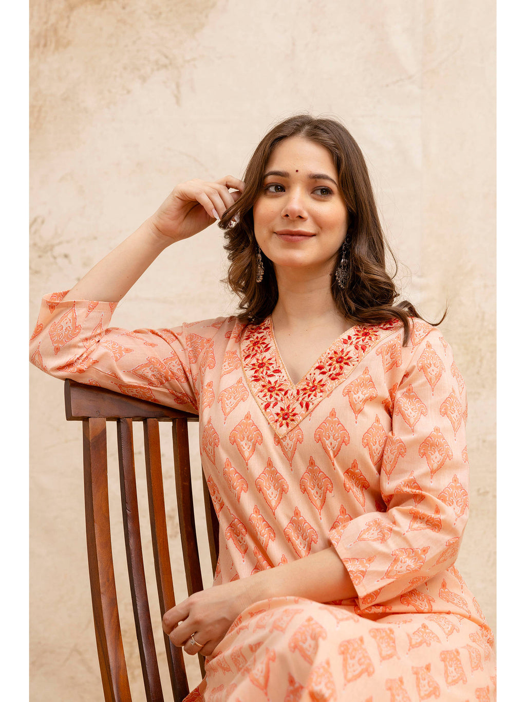 Peach Cotton Printed Embroidered Kurta | FY93 - view 3