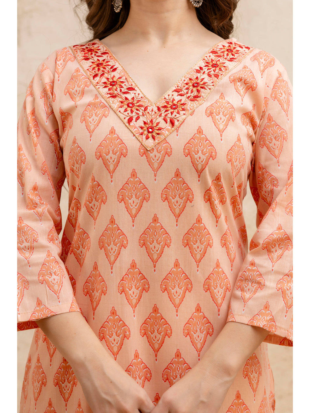 Peach Cotton Printed Embroidered Kurta | U3S - view 4