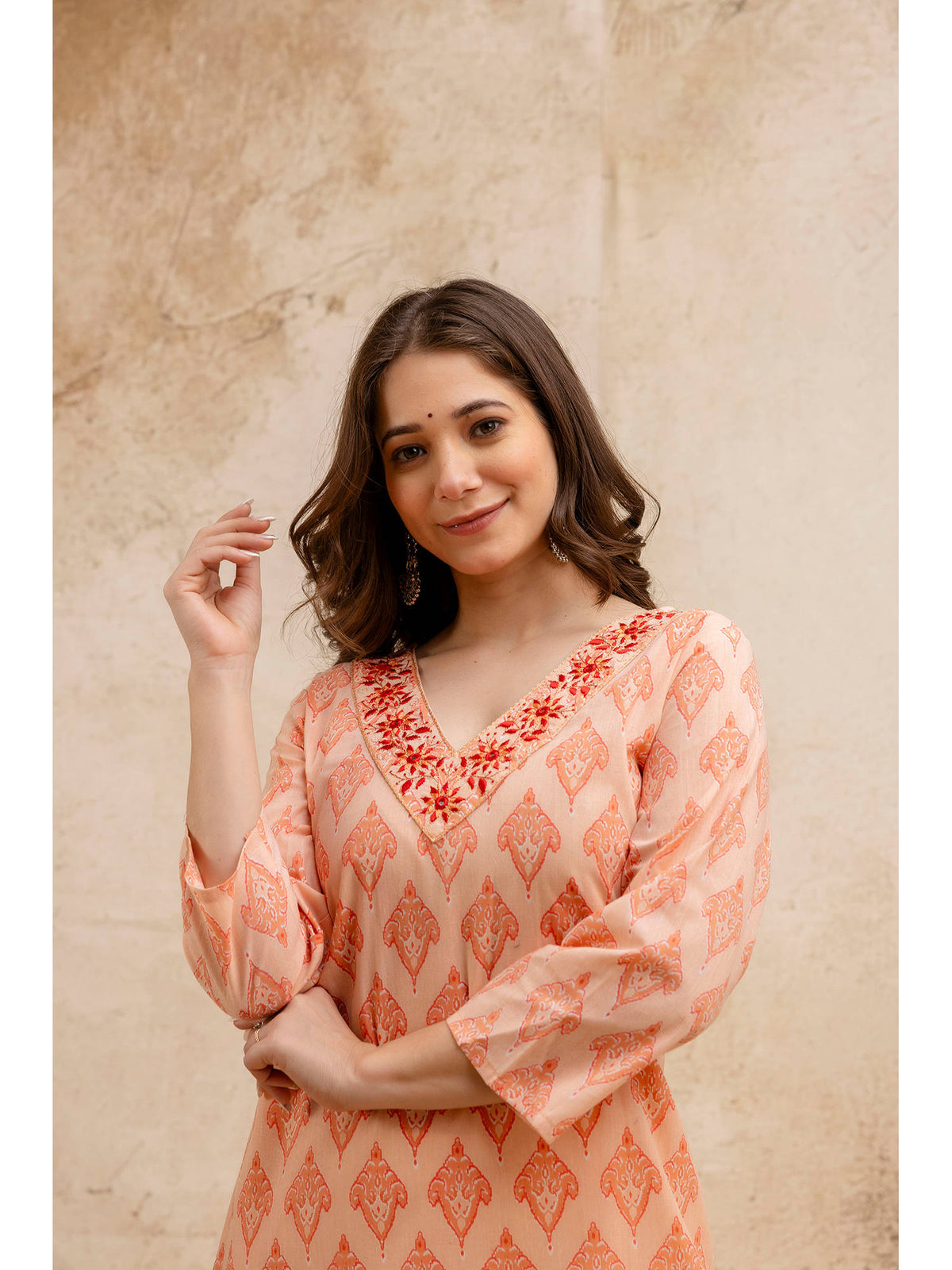 Peach Cotton Printed Embroidered Kurta | FY93 - view 5