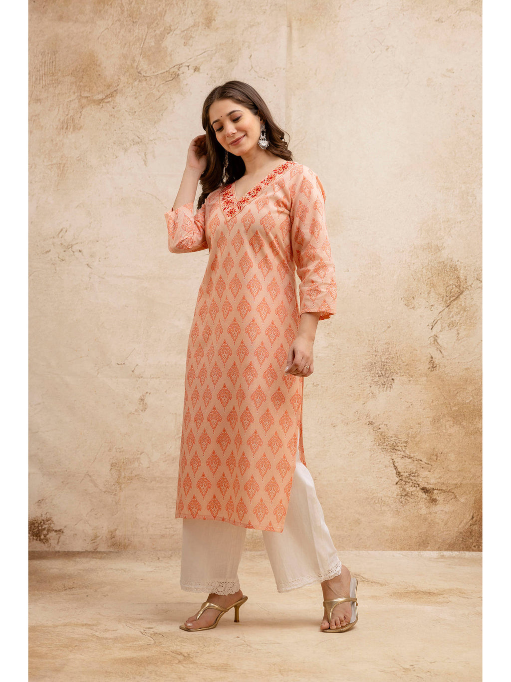 Peach Cotton Printed Embroidered Kurta | U3S - view 6