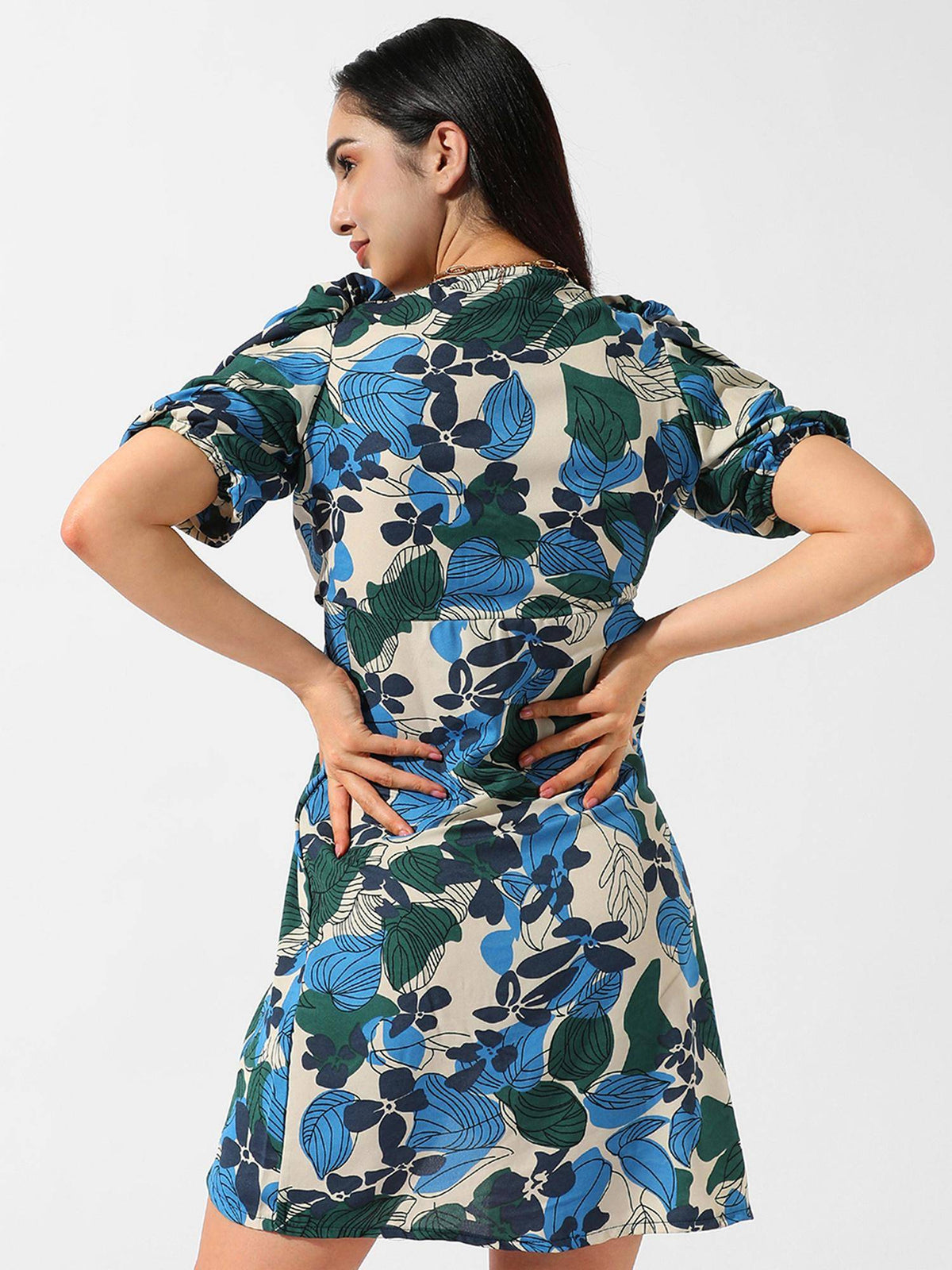 Women Azure Blue and Forest Green Foliage Mini Dress | D56 - view 3