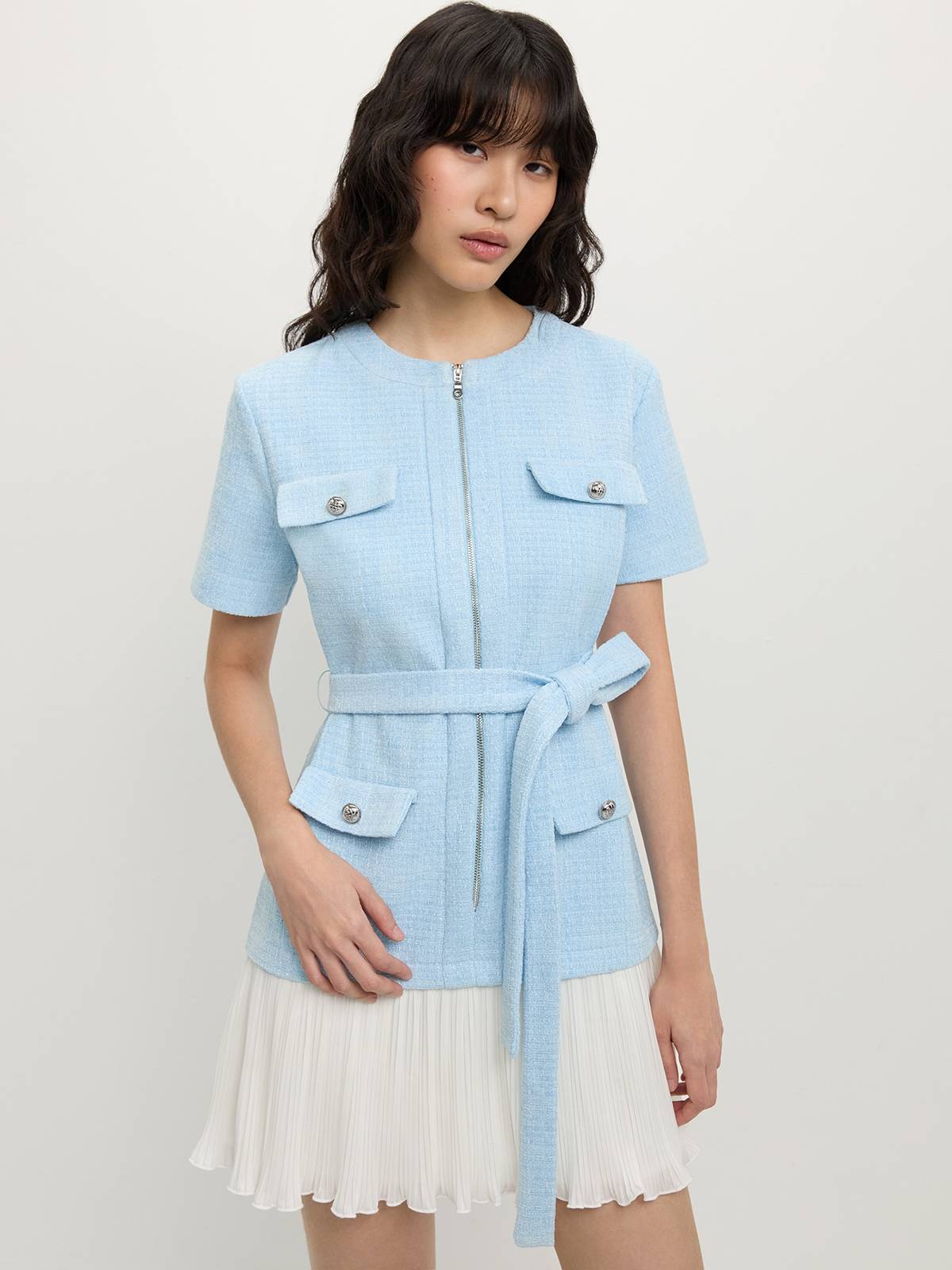 Tweed and Pleated Hem Dress - Baby Blue | D56 - view 1