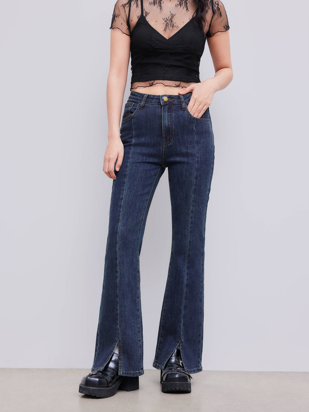 High Stretch Denim High Waist Solid Flared Jeans | BT10 - view 1