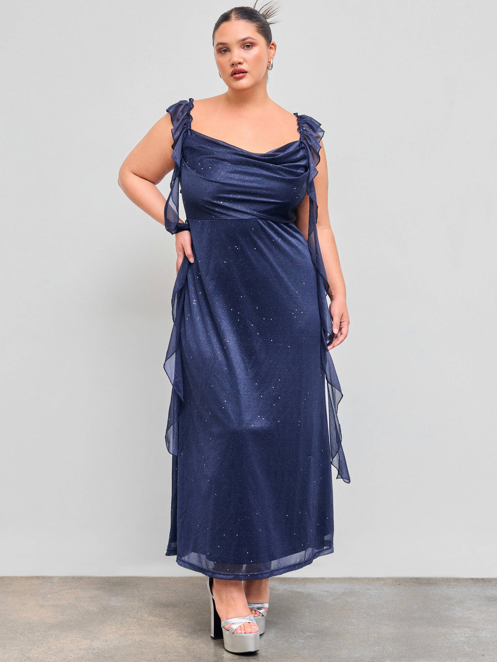 Mesh Cowl Neck Solid Sequin Ruffle Hem Maxi Dress Curve & Plus | D56 - view 1