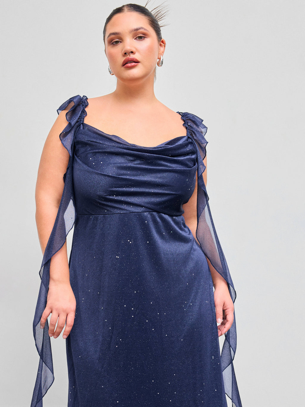 Mesh Cowl Neck Solid Sequin Ruffle Hem Maxi Dress Curve & Plus | D56 - view 2