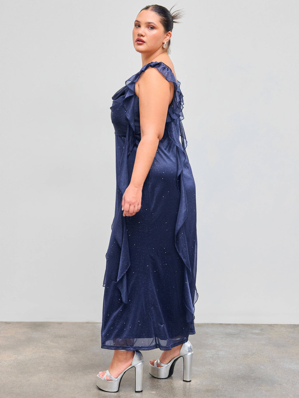 Mesh Cowl Neck Solid Sequin Ruffle Hem Maxi Dress Curve & Plus | D56 - view 3