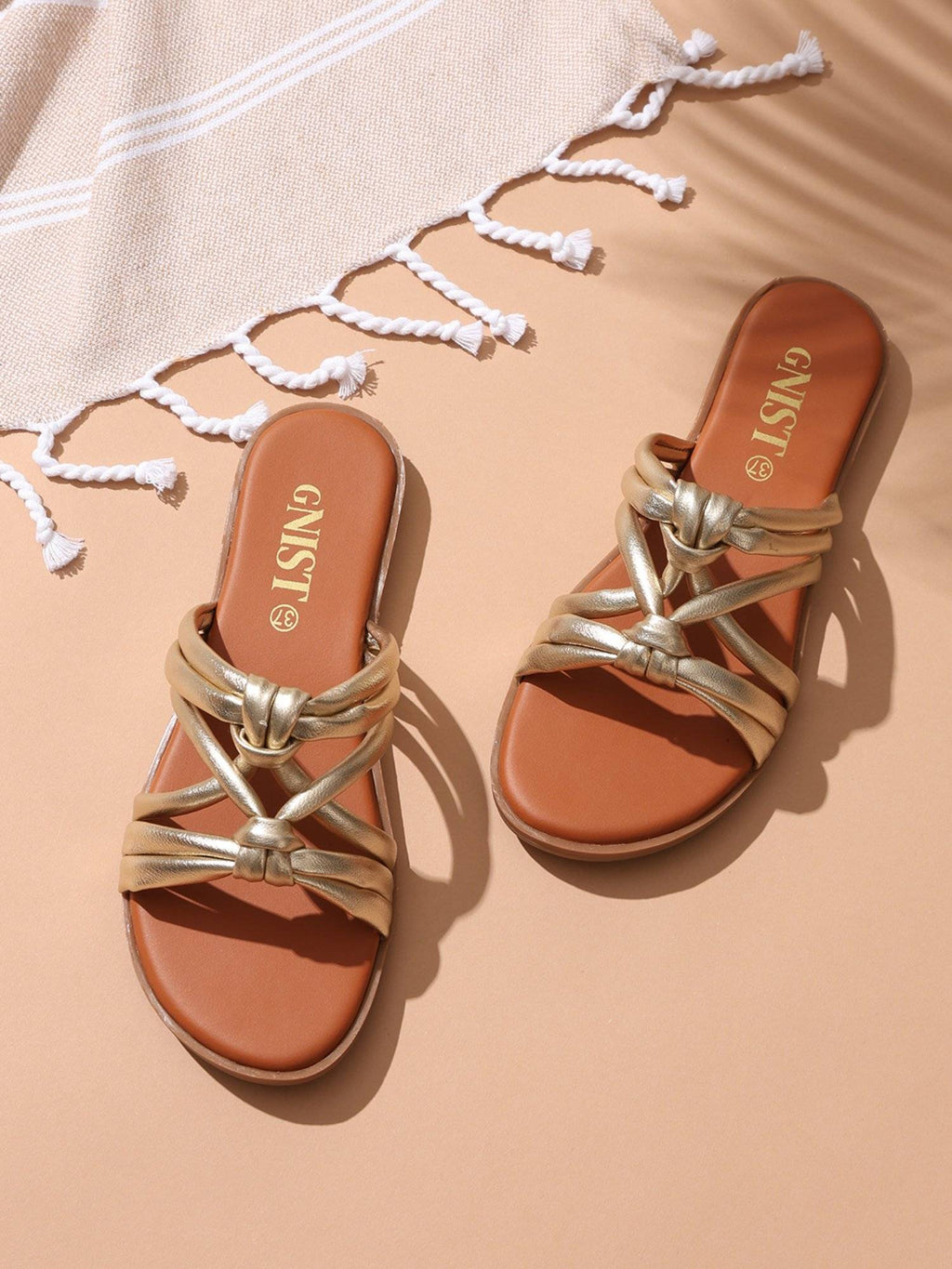 Strappy Slip On Gold Flats | F61 - view 1