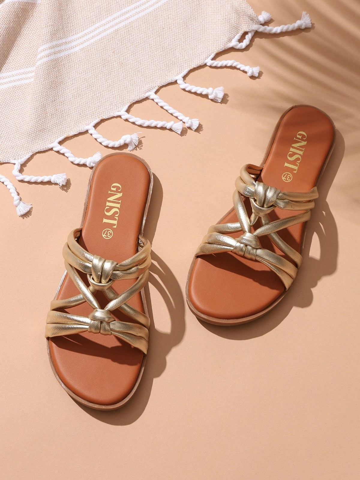 Strappy Slip On Gold Flats | F61 - view 1