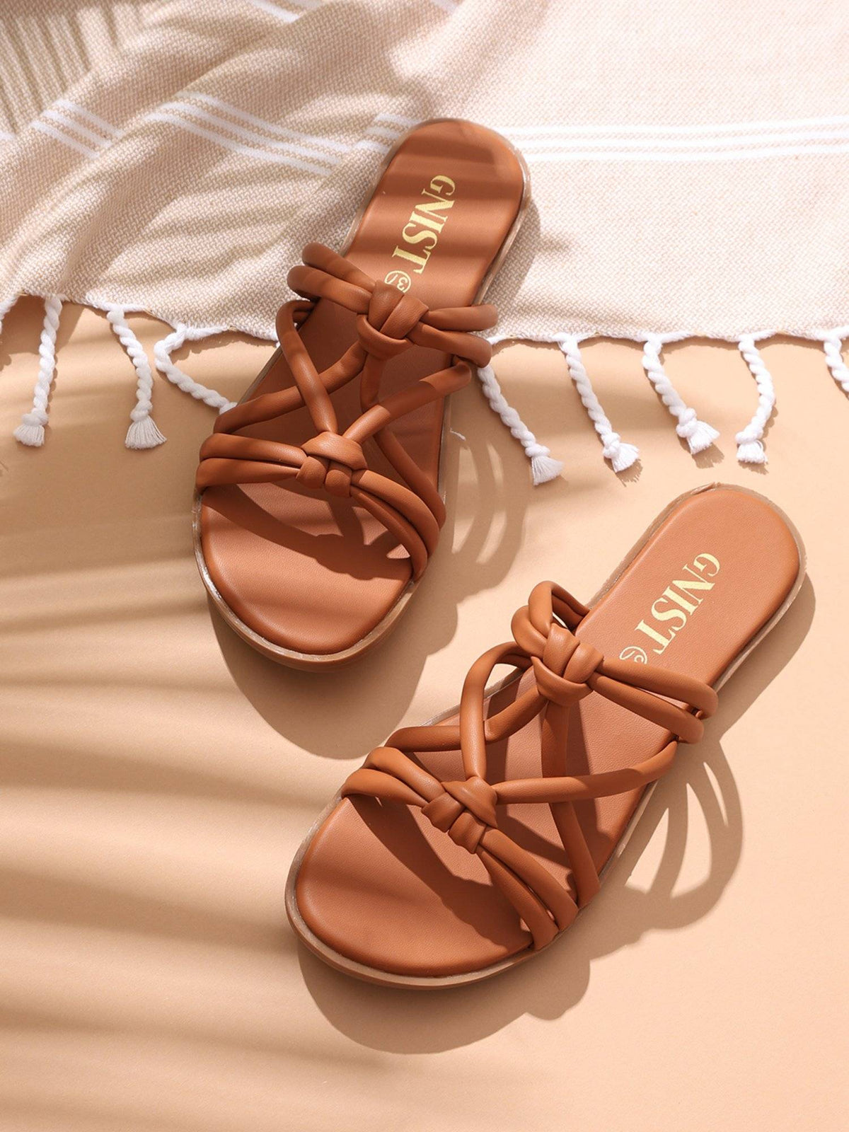 Strappy Slip On Tan Flats | F61 - view 1