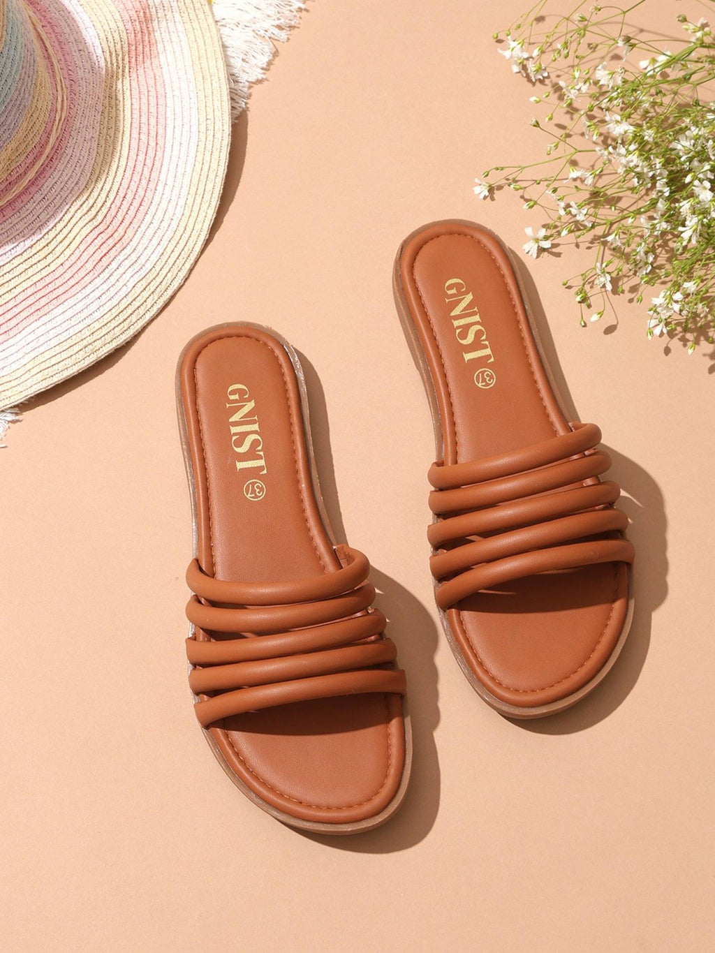 Strappy Slip On Tan Flats | F61 - view 1