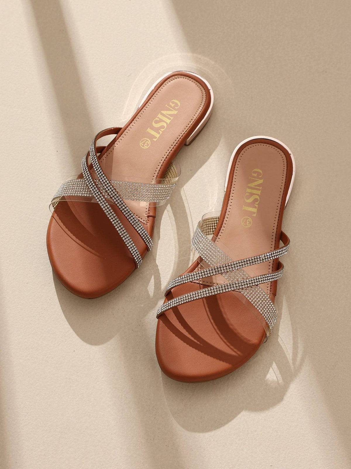 Embellished Cross Strap Tan Flats | F61 - view 1