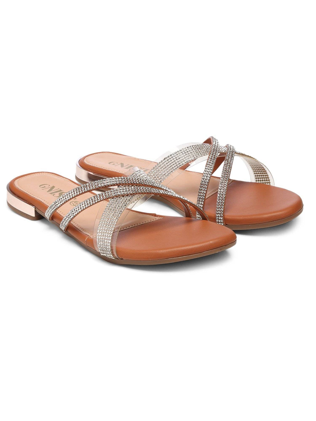 Embellished Cross Strap Tan Flats | F61 - view 2