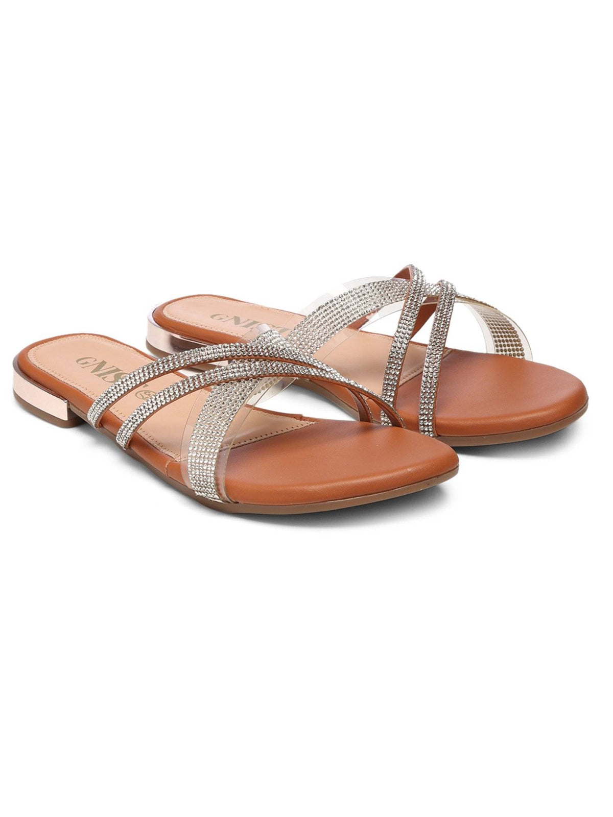 Embellished Cross Strap Tan Flats | F61 - view 2