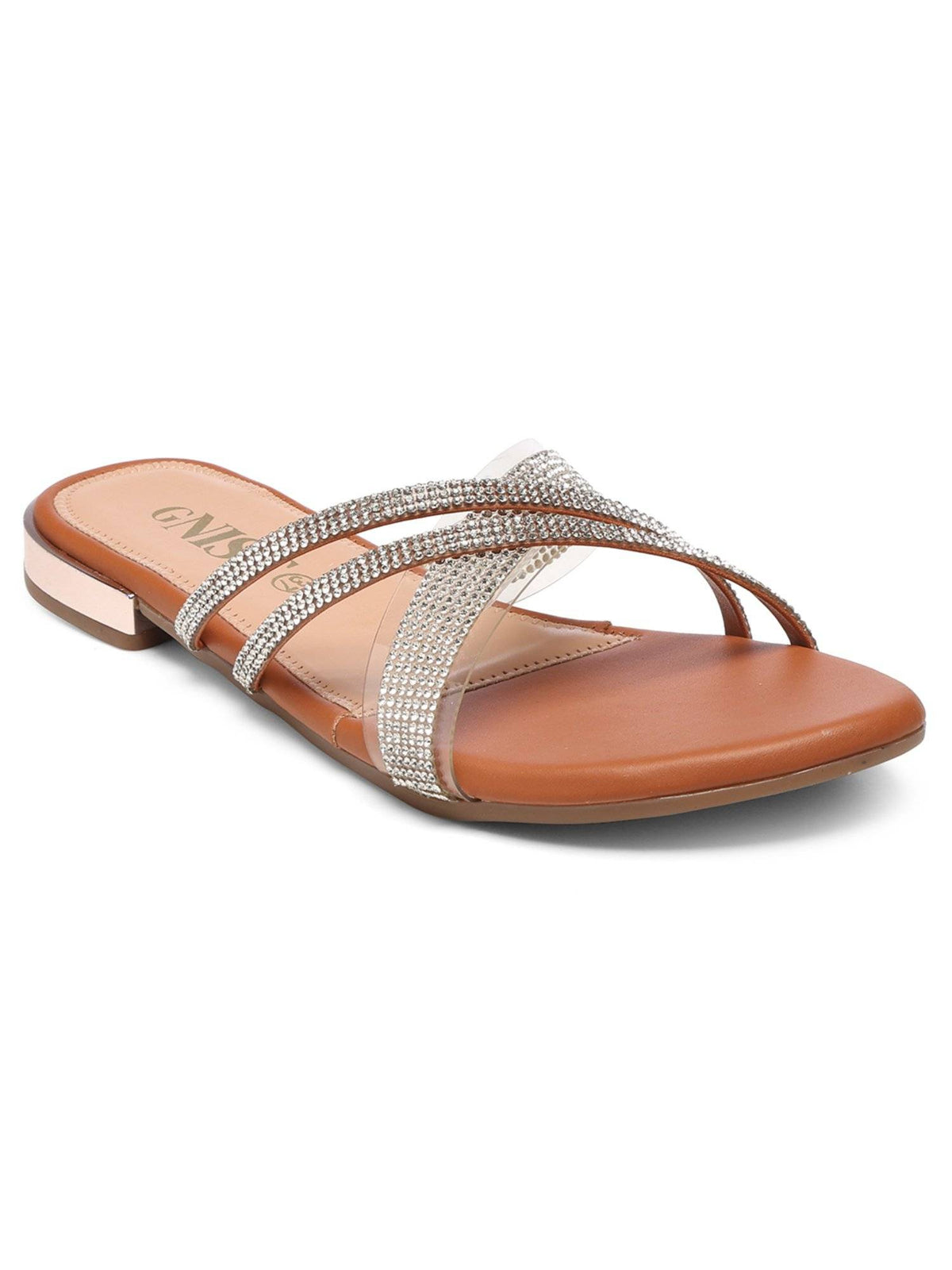 Embellished Cross Strap Tan Flats | F61 - view 3