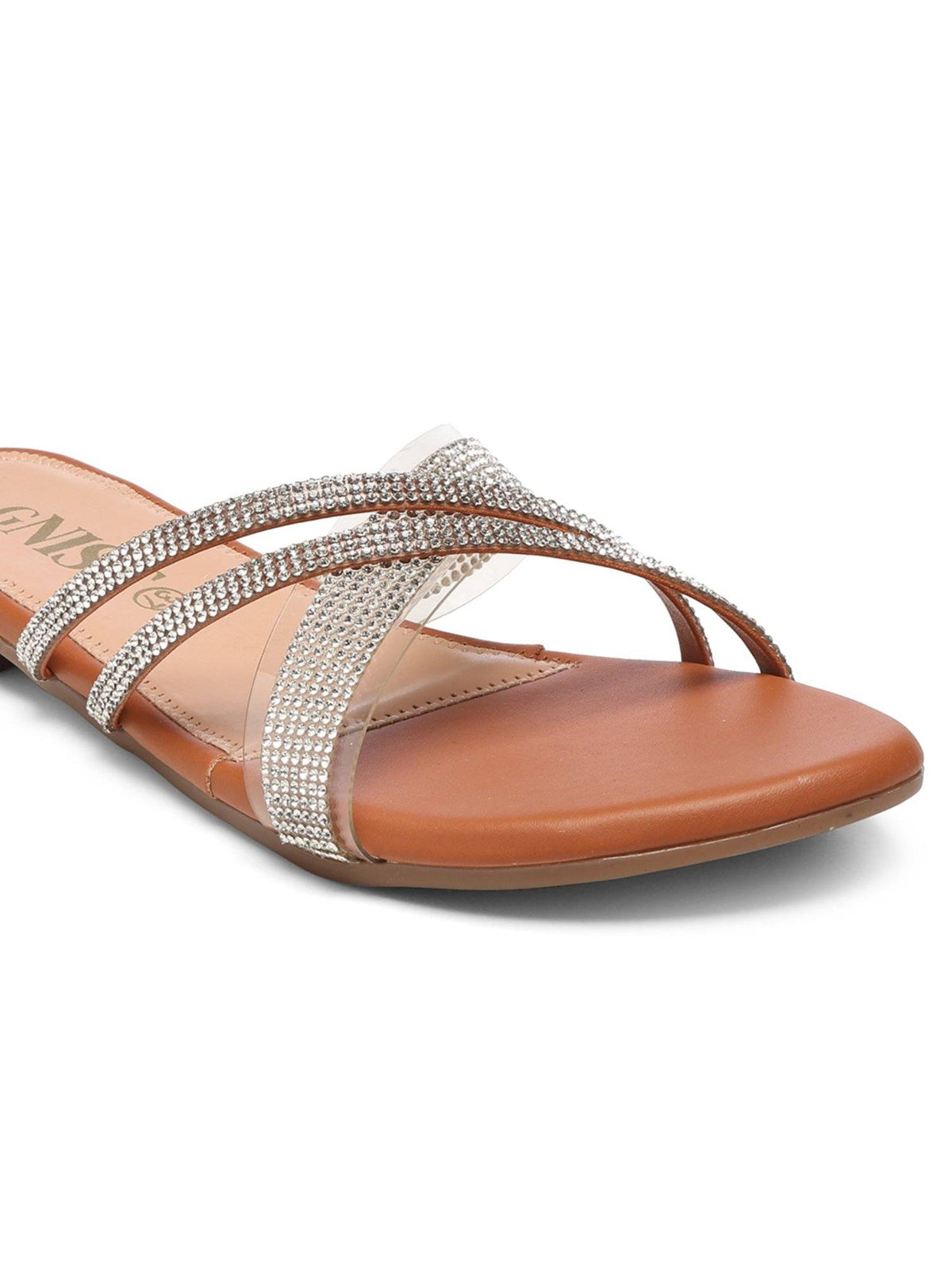 Embellished Cross Strap Tan Flats | F61 - view 4