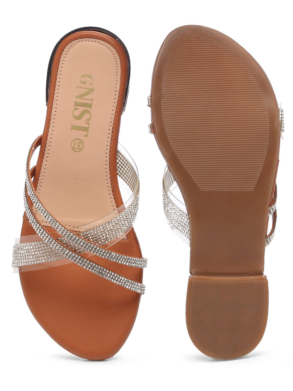 Embellished Cross Strap Tan Flats | F61 - view 7