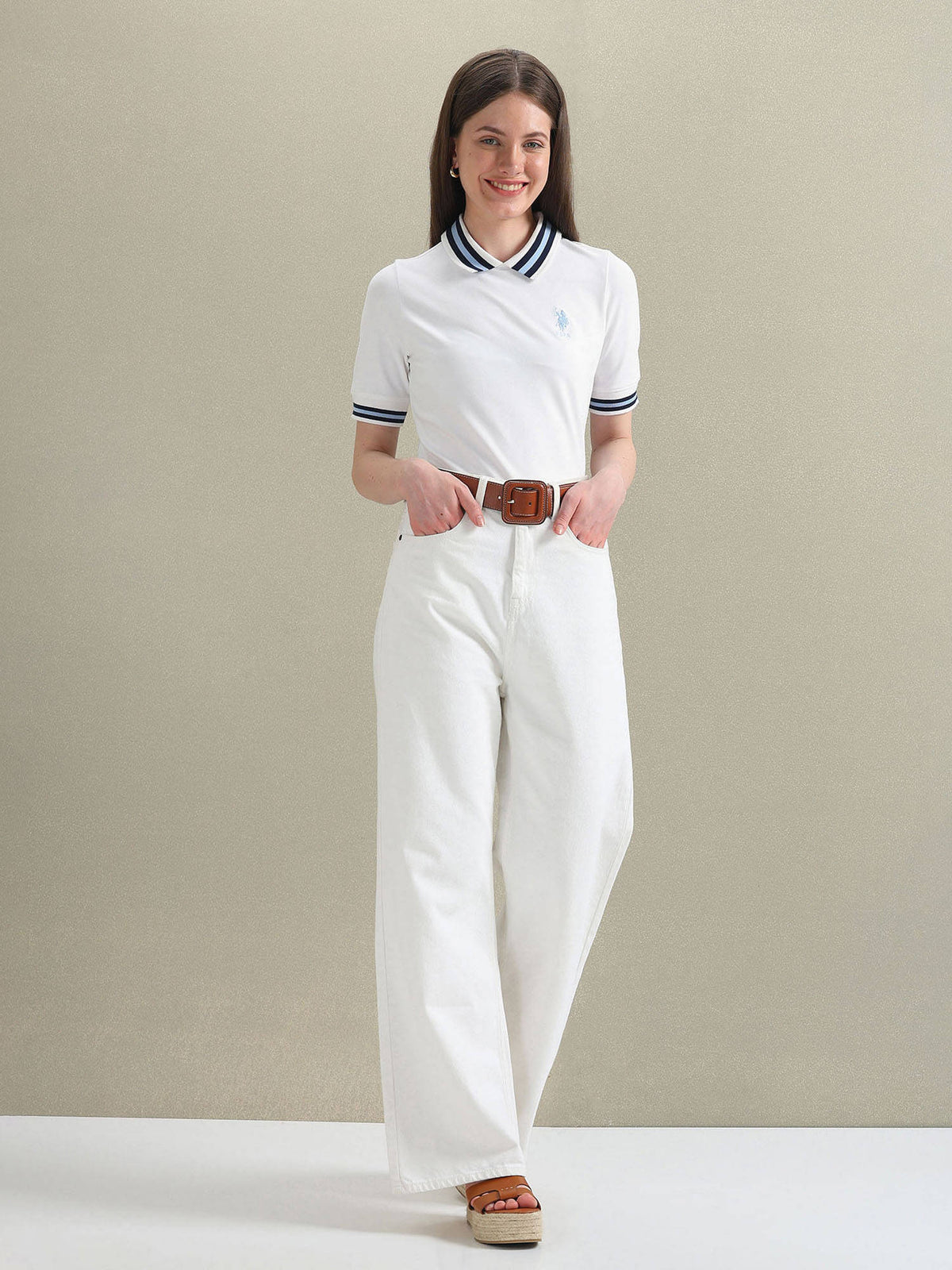 White Striped Collar Pique Polo T-Shirt | PW43 - view 3