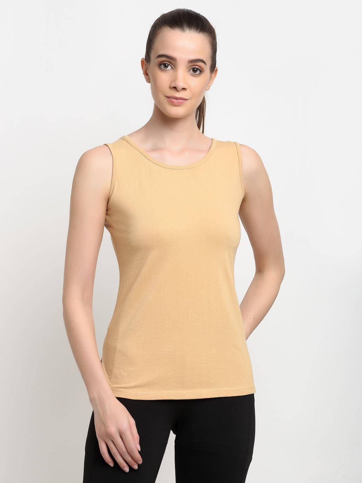 Beige Round Neck Cotton Non Padded Camisole Top | TT98 - view 1