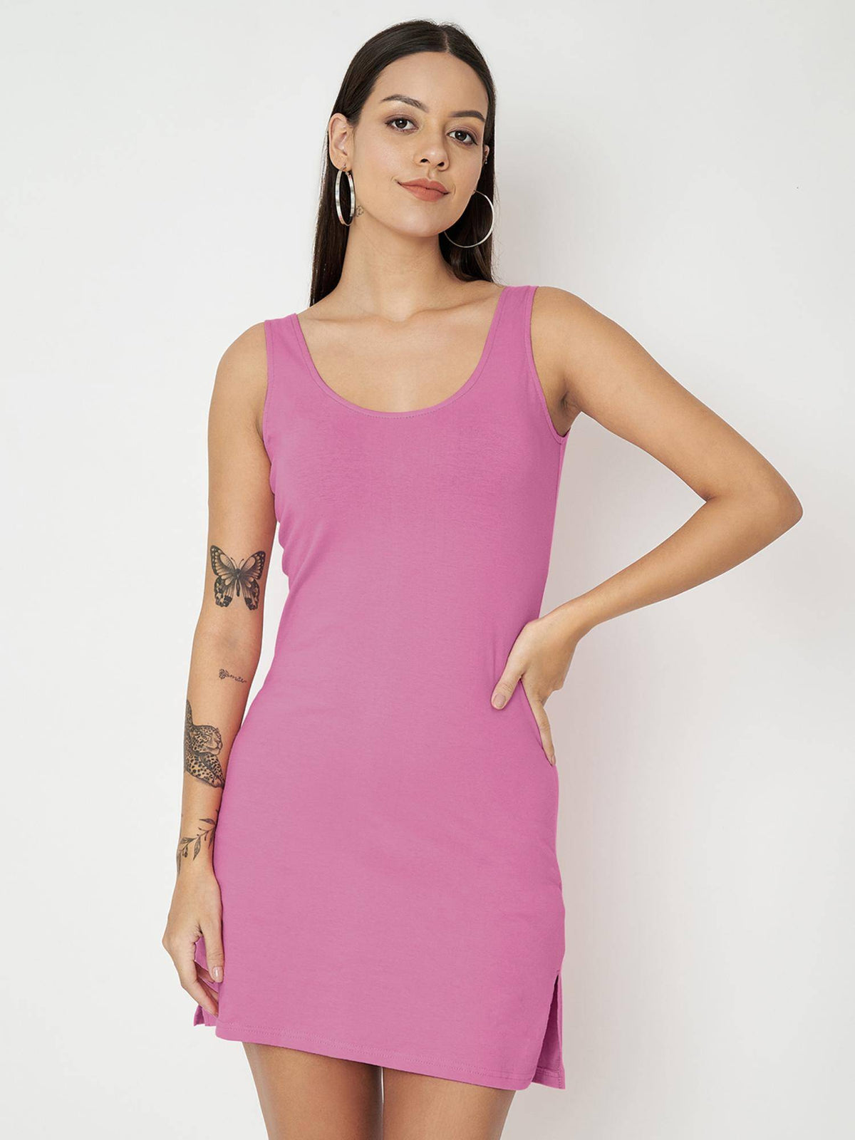 Pink Cotton Round Neck Longline Side Slits Slip Top | TT98 - view 49
